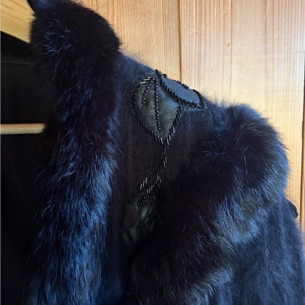 Vintage 70s Rabbit Fur Angora Mix Beaded appliqué Jacket - Picture 3 of 5